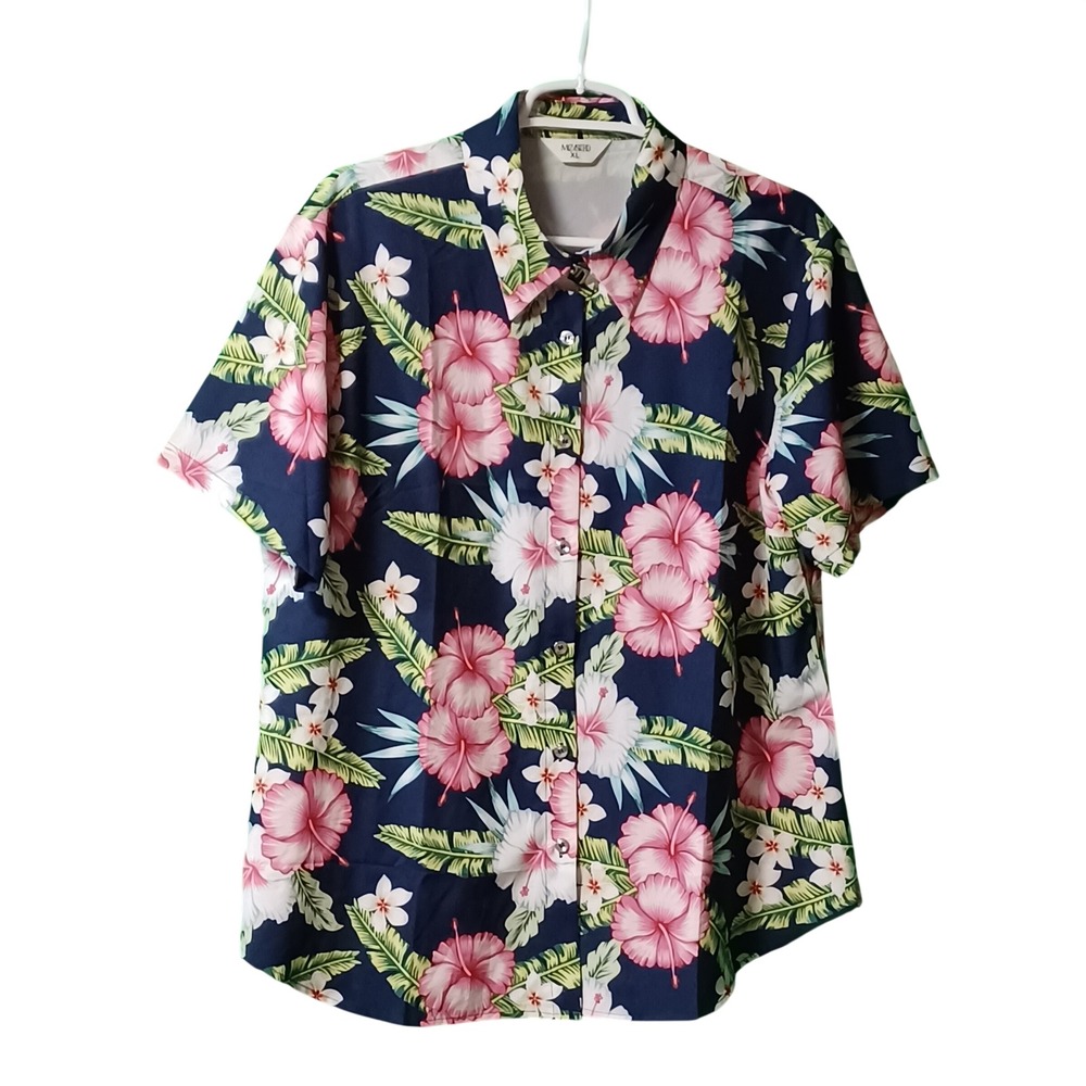 Mizvsitrd Womens XL Tropical Hibiscus Floral Front‎ Short Sleeve Shirt Navy